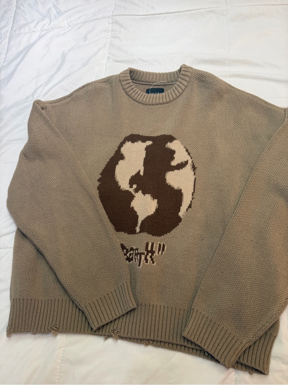 PacSun Taupe Crewneck Sweater with Brown & Cream Globe